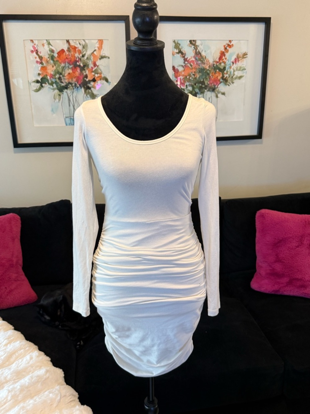 Express White Long-Sleeve Ruched Bodycon Dress